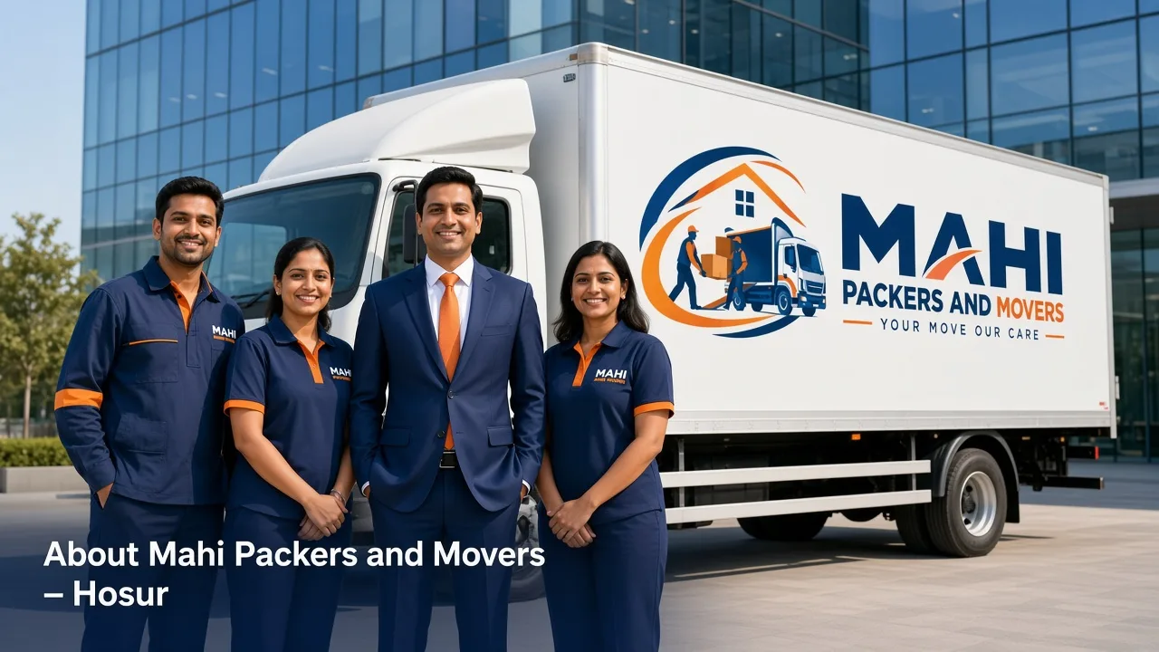 About Mahi Packers and Movers in Hosur – CEO Vijay with the professional packing and moving team beside a branded truck