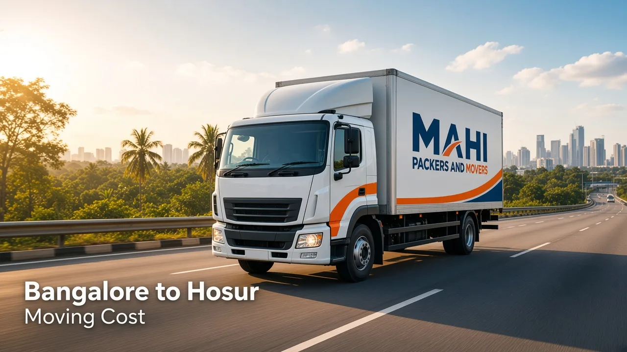 Bangalore to Hosur moving cost guide cover – moving truck on the highway corridor explaining quote factors