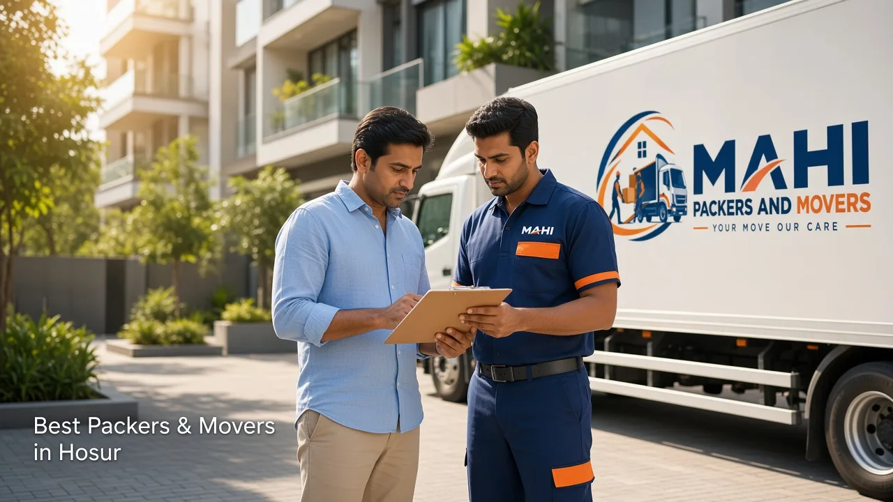 Best packers and movers in Hosur guide cover – homeowner reviewing a moving checklist with Mahi Packers crew and truck