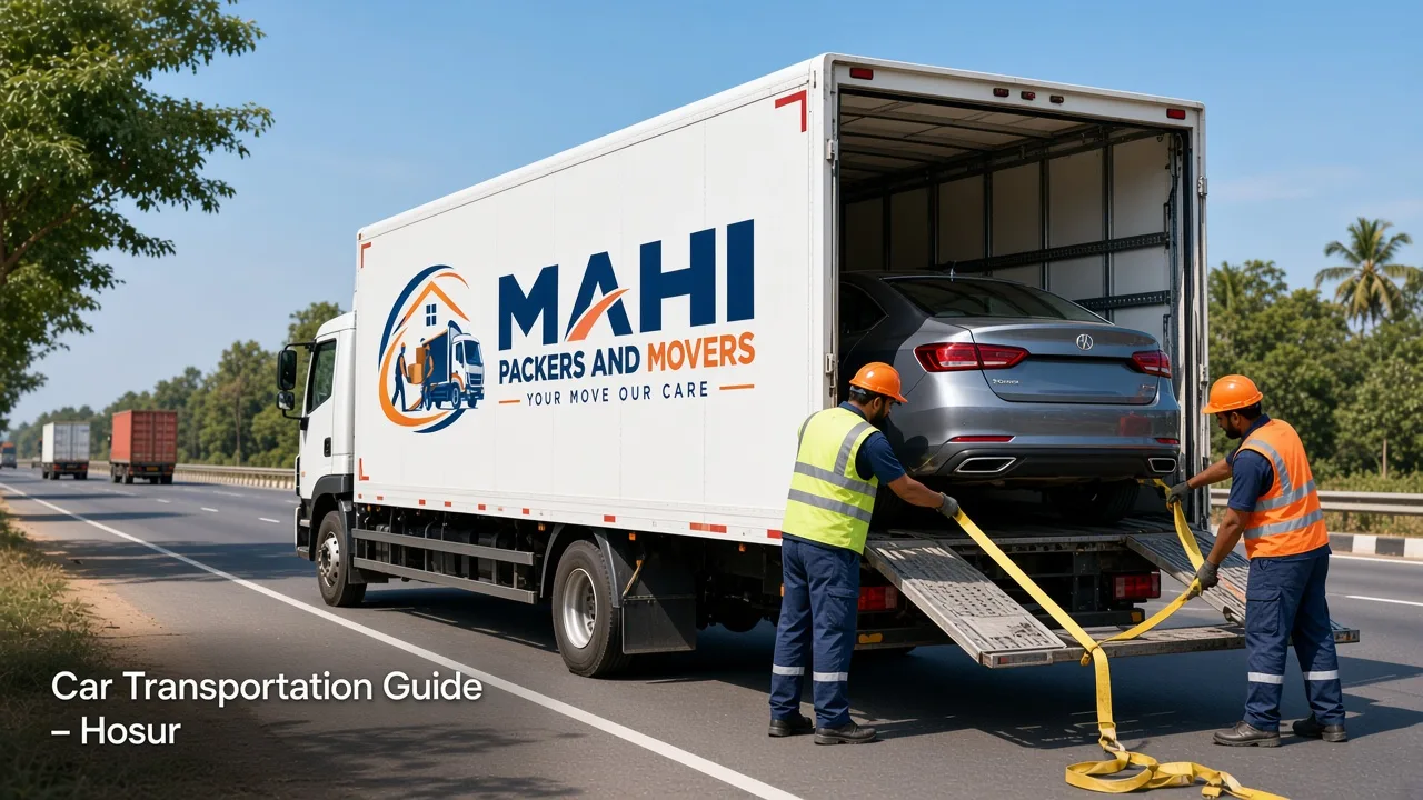 Car transportation guide from Hosur cover – sedan secured on a car carrier truck for safe vehicle transport