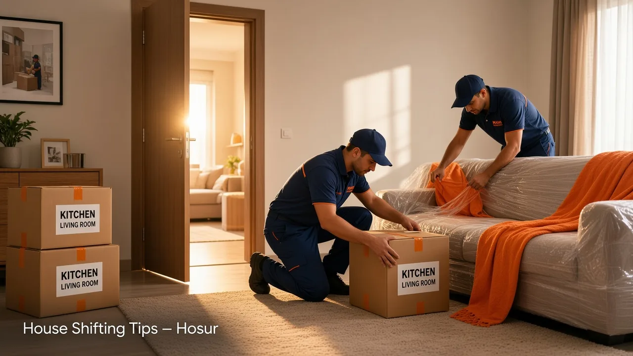 House shifting tips for Hosur cover – labelled cartons wrapped furniture and movers preparing a smooth home relocation