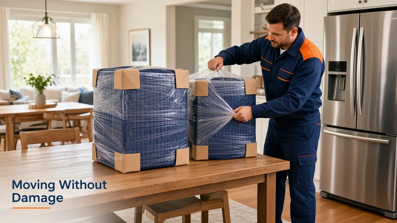Moving without damage guide cover – furniture wrapped in blankets and stretch film for protected transit in Hosur