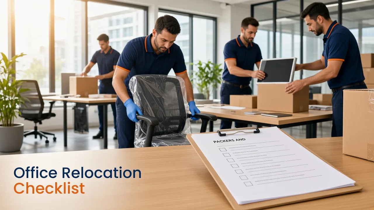 Office relocation checklist for Hosur cover – professionals packing monitors and office chairs for business shifting