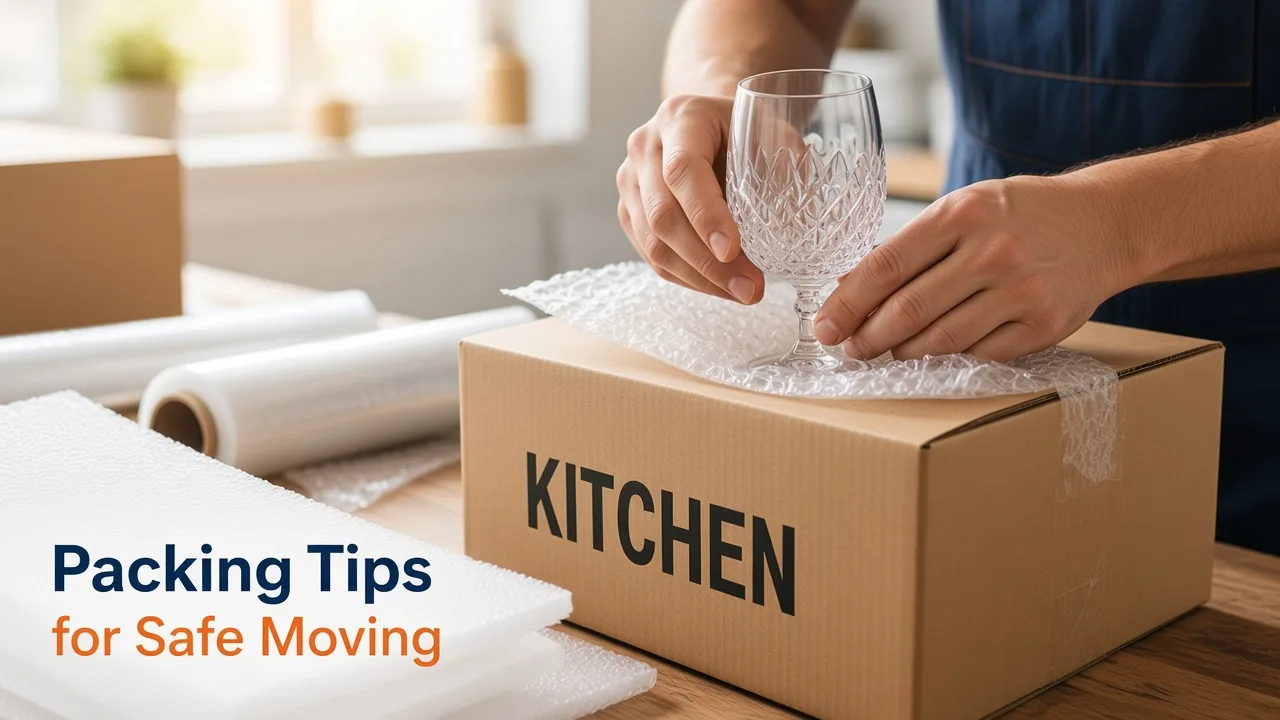 Packing tips for safe moving cover – glassware wrapped in bubble wrap and packed into labelled kitchen cartons