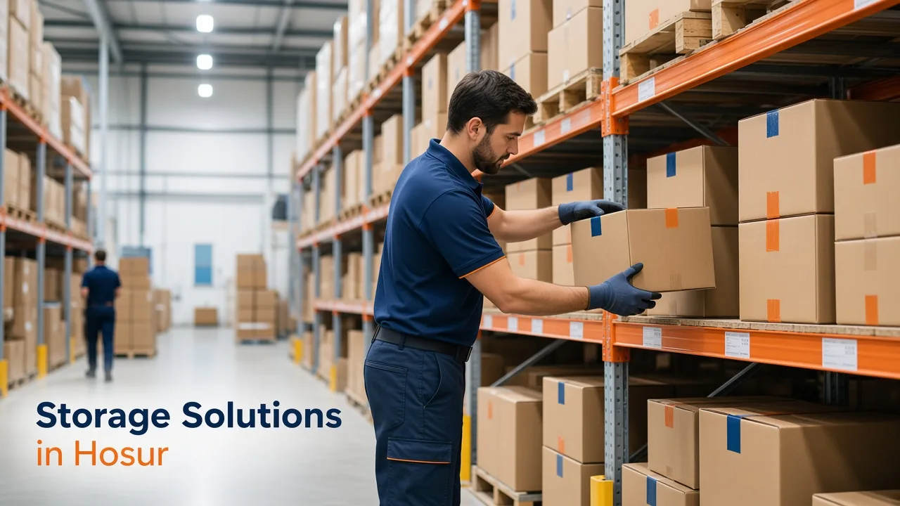 Storage solutions in Hosur cover – organised warehouse racks with sealed cartons for short and long-term storage