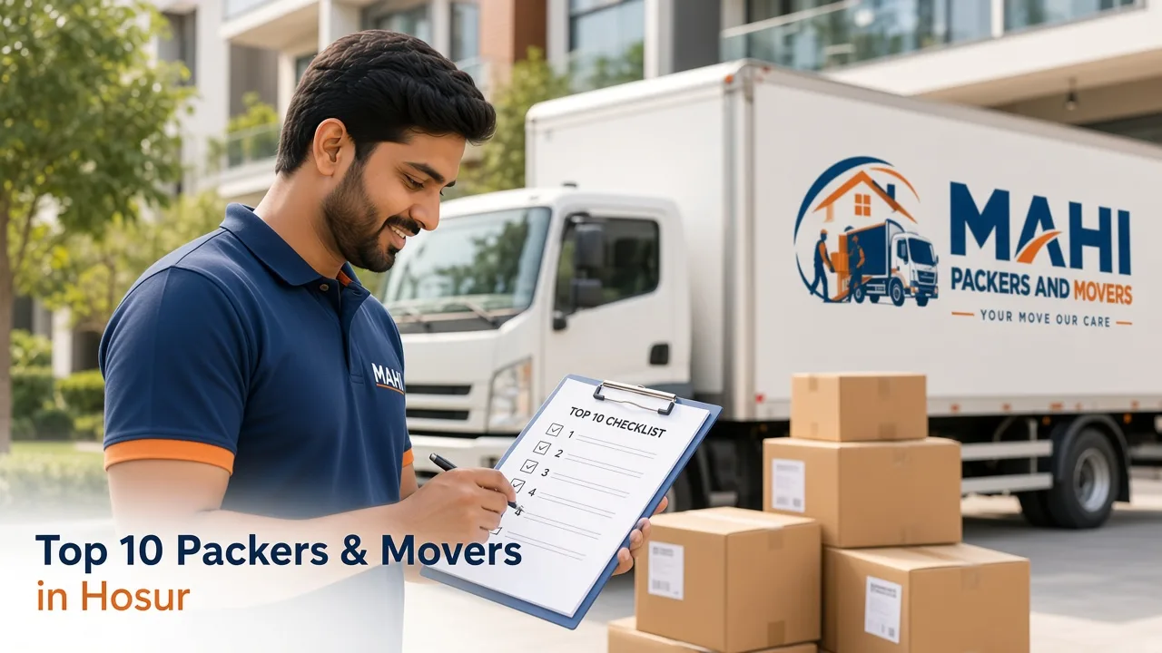 Top 10 packers and movers in Hosur guide cover – ranking checklist with local Mahi Packers moving team