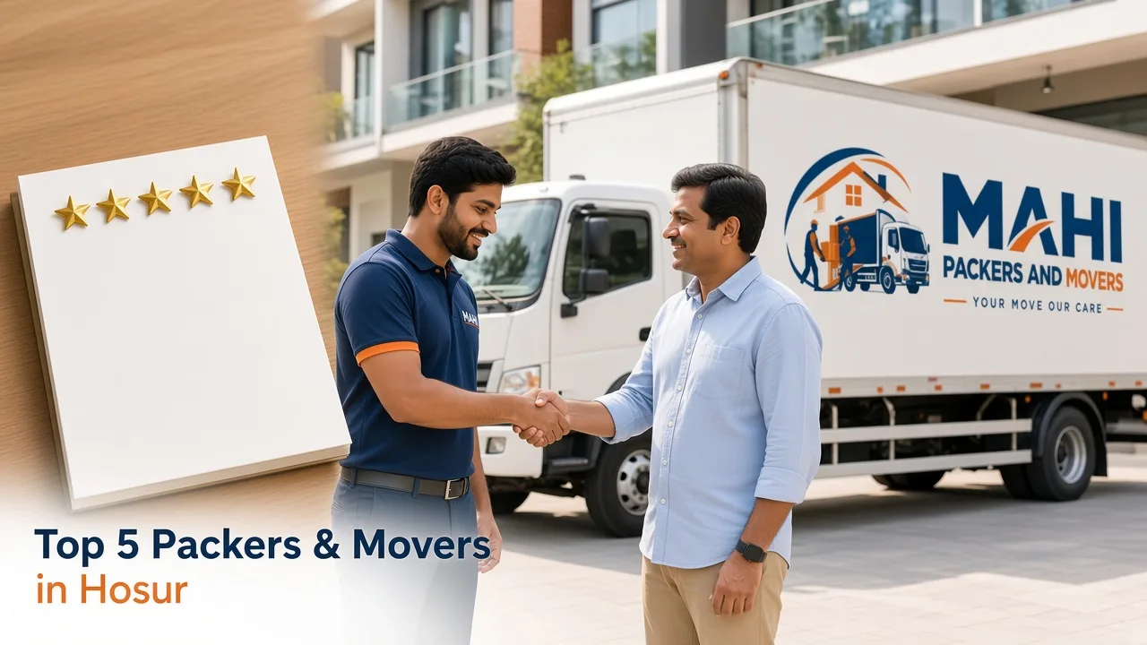Top 5 packers and movers in Hosur shortlist cover – trusted local mover handshake beside a branded truck