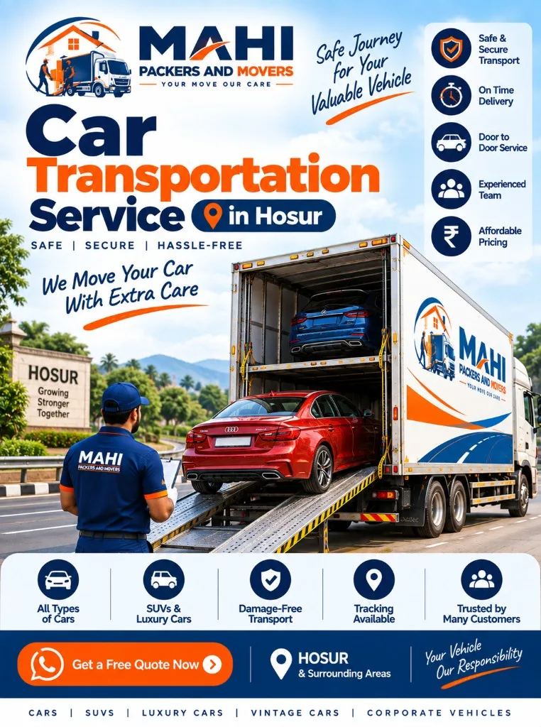 Car transportation in Hosur by Mahi Packers and Movers – enclosed car carrier for secure door-to-door vehicle transport
