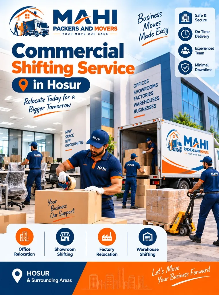 Commercial shifting in Hosur by Mahi Packers and Movers – showroom warehouse and business inventory relocation with secure packing