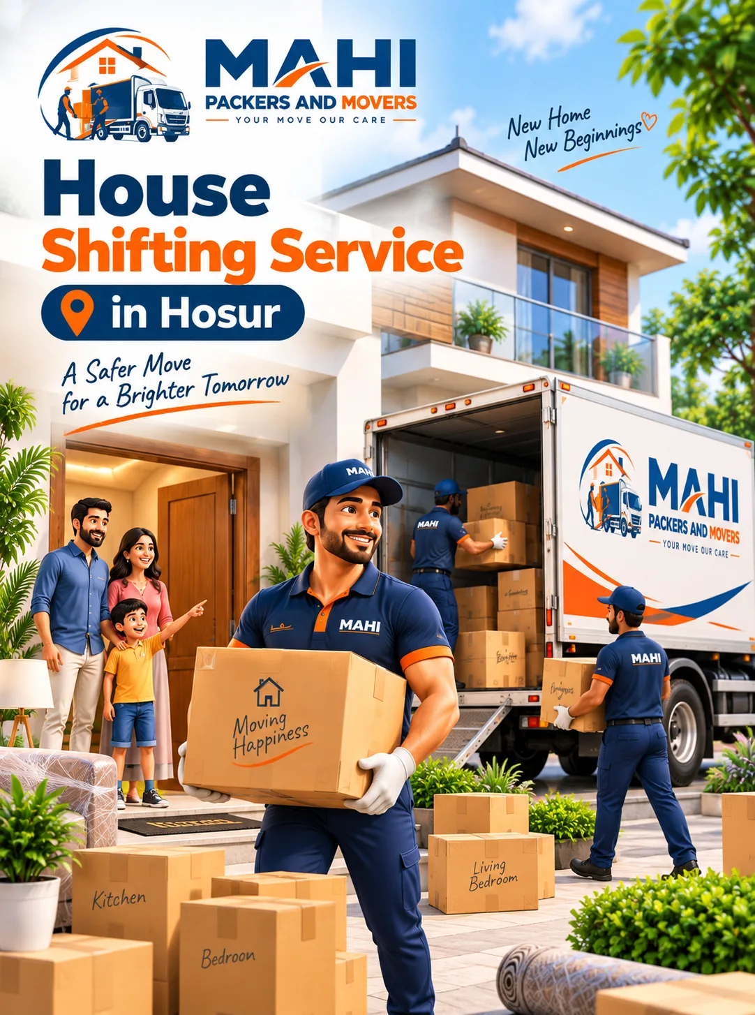 House shifting in Hosur by Mahi Packers and Movers – trained crew loading labelled boxes into a branded moving truck for safe home relocation