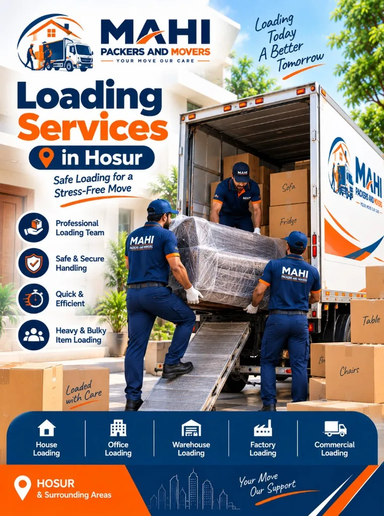 Loading services in Hosur by Mahi Packers and Movers – team carefully loading furniture and cartons onto a moving truck