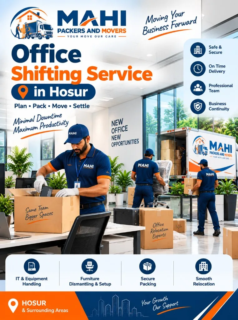 Office shifting in Hosur by Mahi Packers and Movers – professionals packing workstations and relocating office furniture with minimal downtime