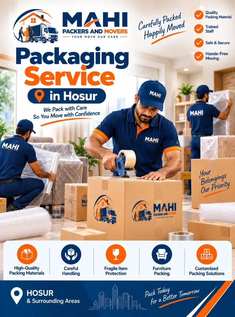 Packing services in Hosur by Mahi Packers and Movers – crew packing household goods with cartons bubble wrap and stretch film