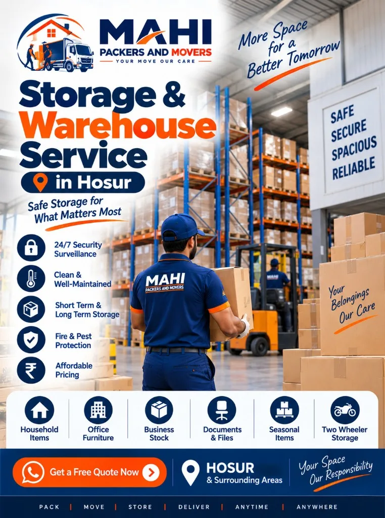 Storage and warehouse in Hosur by Mahi Packers and Movers – secure short-term and long-term storage facility for household and office goods