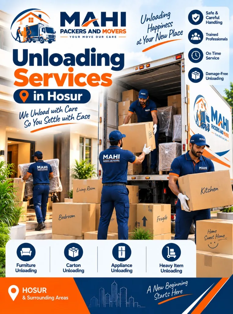 Unloading services in Hosur by Mahi Packers and Movers – crew unloading boxes and placing items at the new home safely