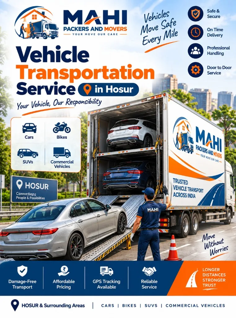 Vehicle transport in Hosur by Mahi Packers and Movers – car carrier loading cars bikes and SUVs for safe door-to-door transit